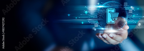 Photos Mobile Commerce concept, Businessman hold Mobile Commerce icon