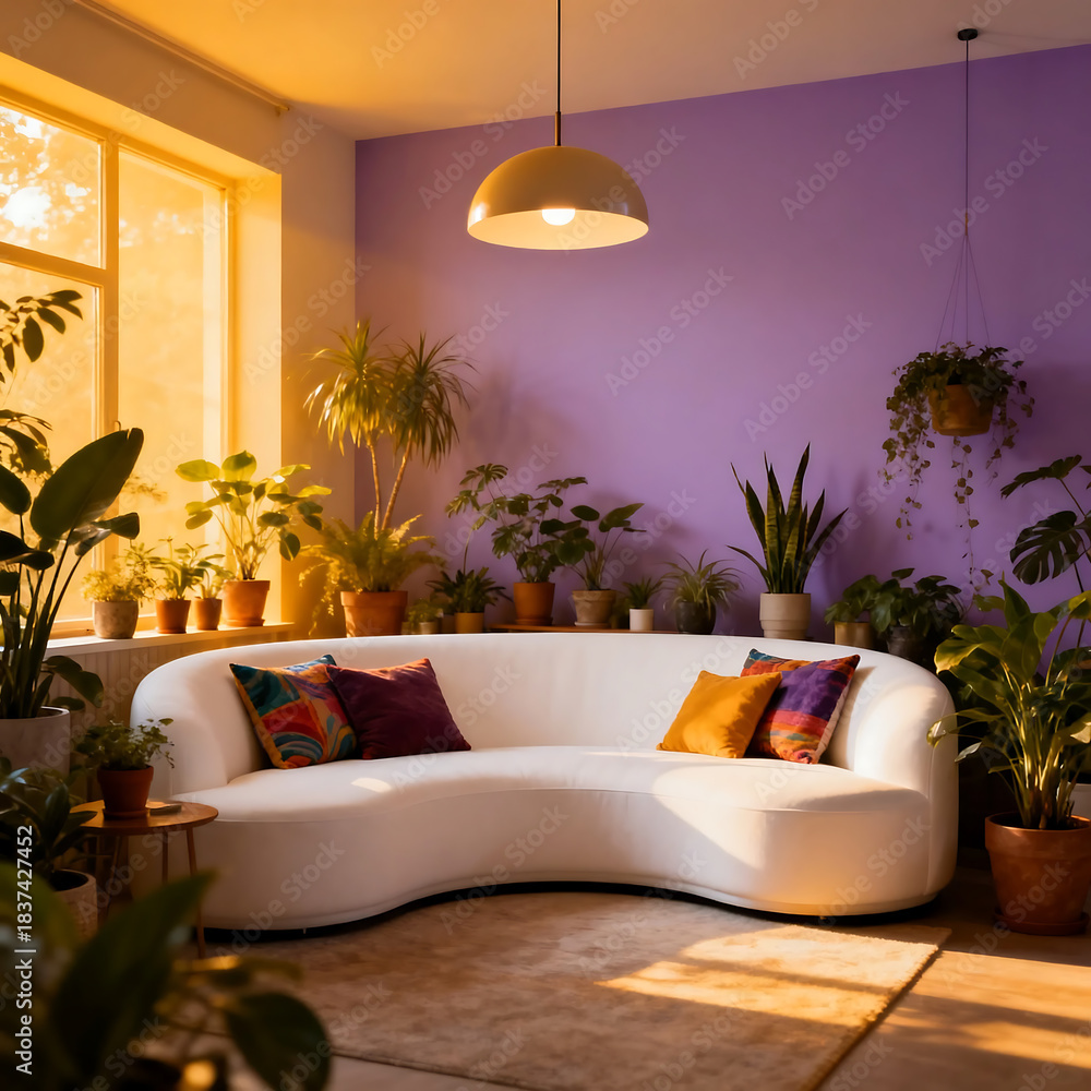 Obraz premium A cozy living room with a purple wall, white sofa, and various houseplants under natural light.
