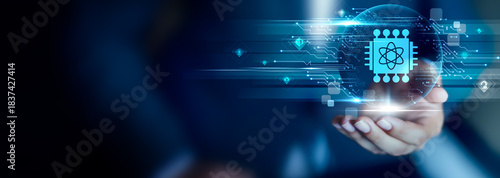 Fotografía Quantum Computing concept, Businessman hold Quantum Computing icon