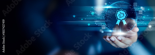 Photos Quality Assurance concept, Businessman hold Quality Assurance icon