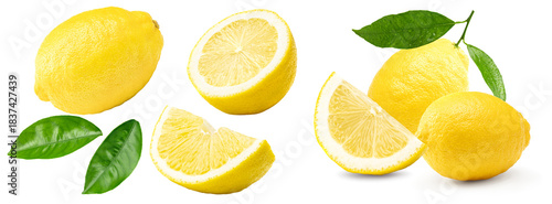 lemon with slice and green leaves isolated on white background. clipping path