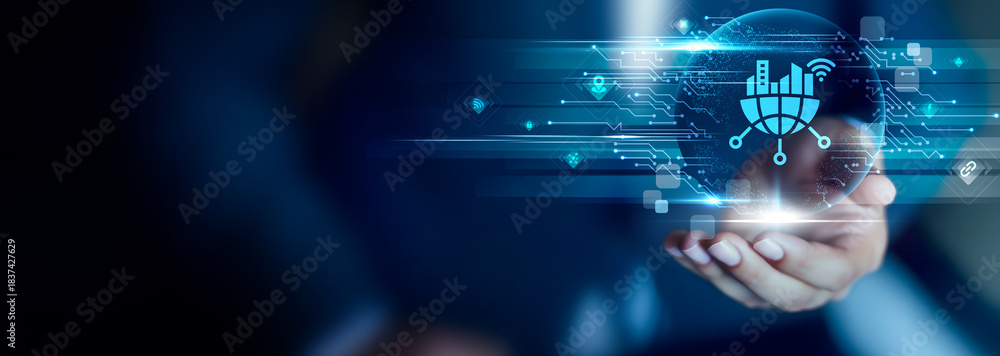 Fototapeta premium Smart City concept, Businessman hold Smart City icon. urban innovation, connected systems, traffic optimization, digital services, sustainable planning, intelligent living