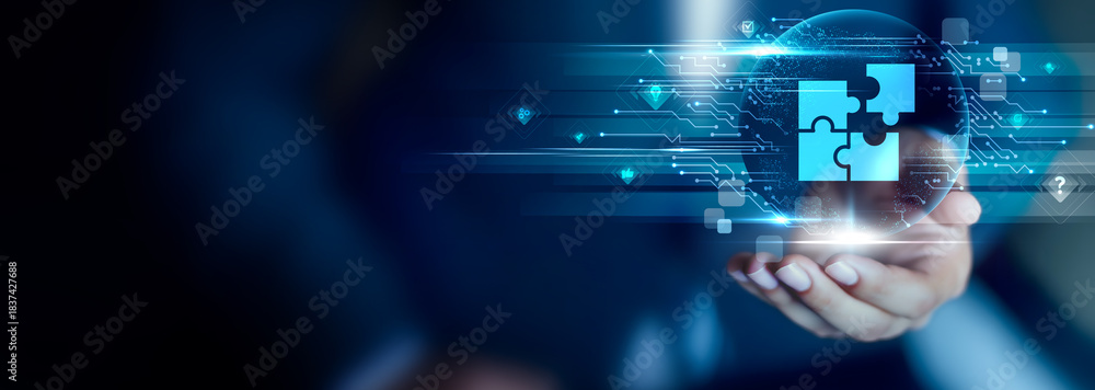 Fototapeta premium Solutions concept, Businessman hold Solutions icon. problem solving, strategic planning, efficient outcomes, process improvement, business clarity, smart execution