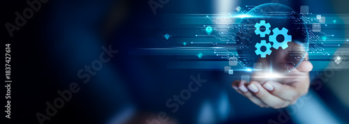 Foto Settings concept, Businessman hold Settings icon