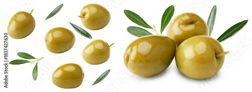 green olives with green leaves isolated on white background. clipping path