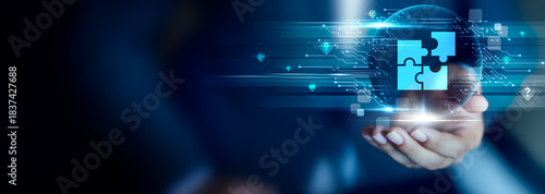 Solutions concept, Businessman hold Solutions icon. problem solving, strategic planning, efficient outcomes, process improvement, business clarity, smart execution