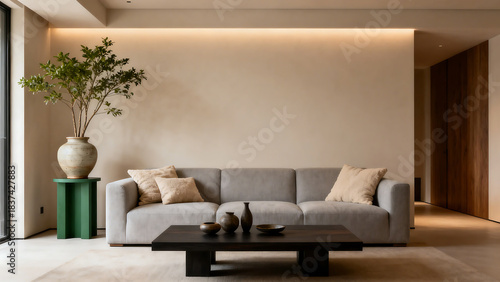A modern minimalist living room featuring a neutral color palette, cozy sofa, coffee table, and tasteful decor for a serene ambiance.