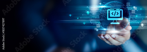 Foto Web Development concept, Businessman hold Web Development icon