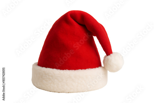 Fluffy Velvet Christmas Santa Hat On White Background For Holiday Greeting Cards And Festive Promotions