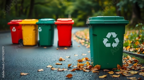 Three colored trash bins on a park pathway during autumn season