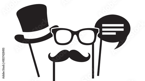 Stylish accessories: A collection of quirky props for creating playful images, featuring a top hat, eyeglasses, a mustache, and a speech bubble. A creative ensemble for unique self-expression. 
