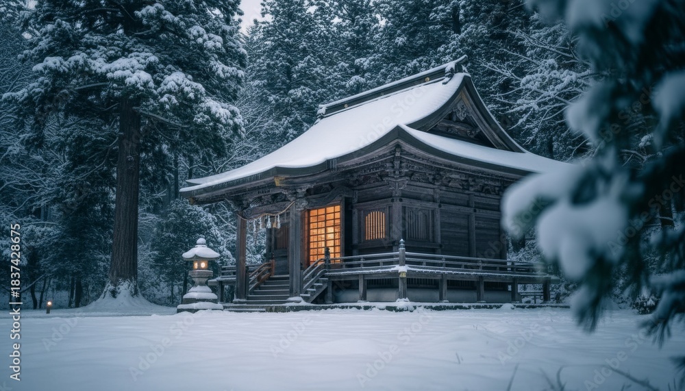 Fototapeta premium Traditional wooden temple stands snow-covered in a serene winter forest, its intricately designed roof and warm glowing windows creating a peaceful, inviting scene amidst the cold landscape