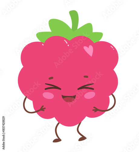 Vector illustration of a cute raspberry with smiling face and green stem. Flat isolated fruit object.
