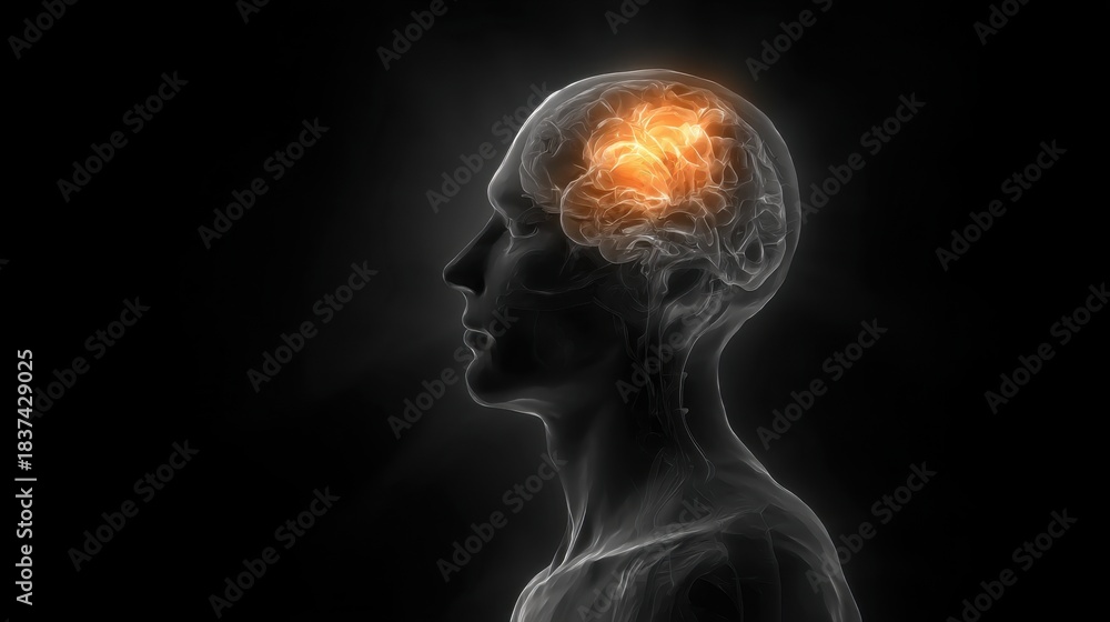 Obraz premium A side view of a human head shows the brain with orange activity glowing against a black background. This image represents thought and brain function.