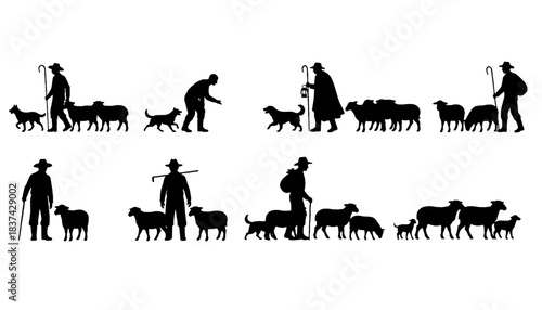 Farmer Herding Sheep Silhouette