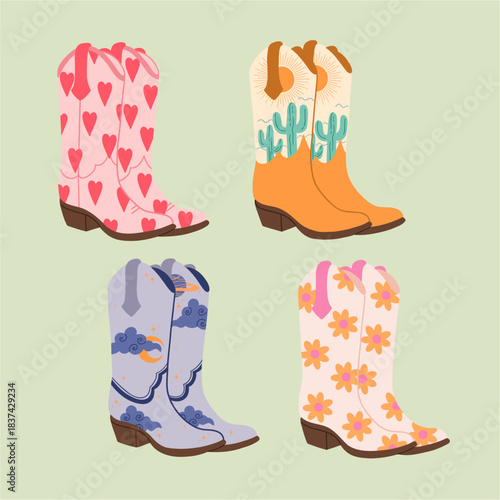 Set of cowboy boots with different ornaments. Wild West fashion style. Cartoon flat illustrations. Hand drawn vector set