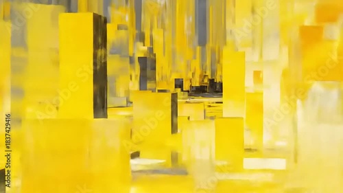 Abstract Yellow Cityscape Painting with Buildings and Reflections.