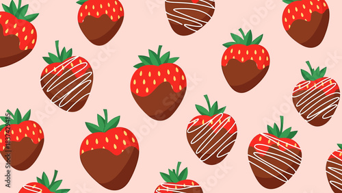 Seamless pattern of chocolatedipped strawberries on light pink background