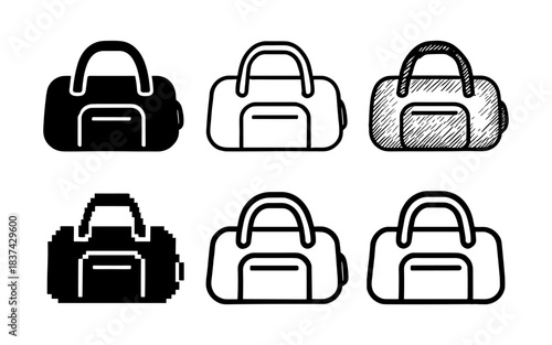 Different styles of bag design: outline, silhouette, pixel, and sketch variations