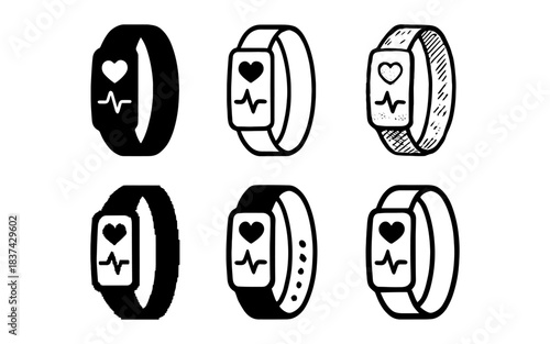 Hand drawn smartwatch designs with heartbeat icons in various styles