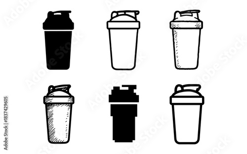 Variety of shaker bottle designs in different art styles and outlines