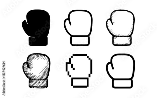 Set of six boxing gloves in various styles including sketch and pixel designs