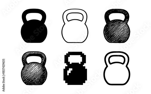 Diverse kettlebell designs: silhouette, outline, and sketch variations