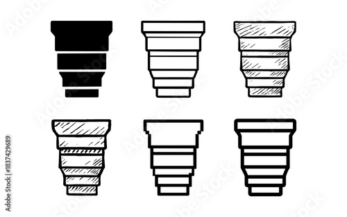 Set of camera lenses: silhouette, sketch, outline styles for photography enthusiasts