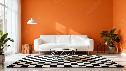 A modern living room features an orange wall, white sofa, black and white rug, and green plants for a cozy and stylish look.