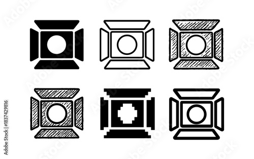 Camera lighting equipment icons in linear and sketch styles