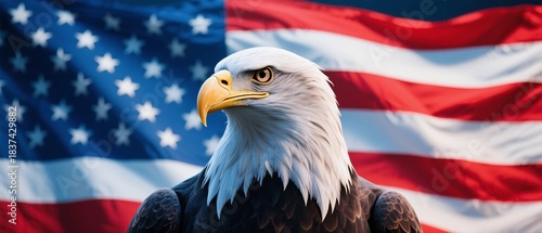 A bald eagle stands prominently in front of the American flag, representing national pride and freedom.