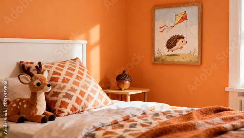 A cozy bedroom with orange walls features a bed with animal plush, a picture of a hedgehog, and a warm, inviting atmosphere.