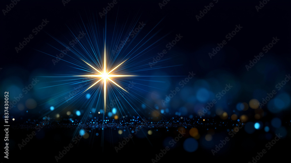 Fototapeta premium Christmas star of nativity of Bethlehem background birth of Jesus Christ scene beautiful dark blue starry sky bright star display religious holiday celebration