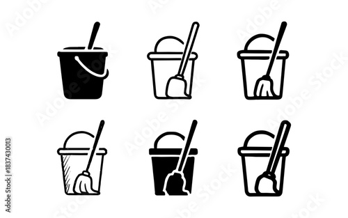 Set of cleaning buckets with mop in various artistic styles on white background