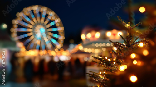 Christmas market with illuminated ferris wheel festive holiday fair seasonal celebration attraction winter entertainment venue carnival lighting display defocused amusement
