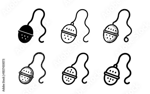Set of tea ball strainers in assorted sketch styles on white background