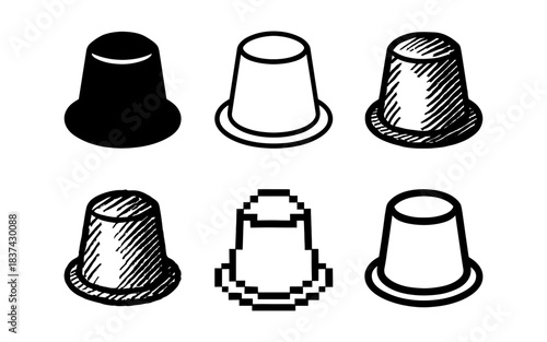 Coffee capsule sketch and pixel art, six variations: black, outline, doodle, pixelated