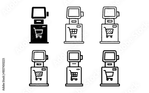 Black and white self-checkout machines with shopping cart graphics in linear style