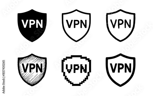 Vpn shield icons in various styles: flat, outline, scribble, pixel
