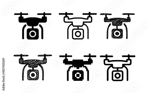 Black and white drone icons in minimalist sketch and linear style