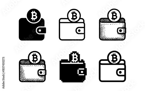 Diverse bitcoin wallet icon set in various art styles
