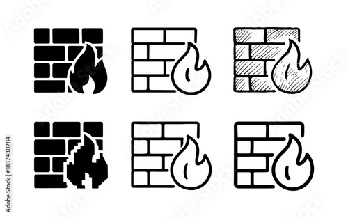 Firewall icons set: diverse styles of fire and brick wall symbols
