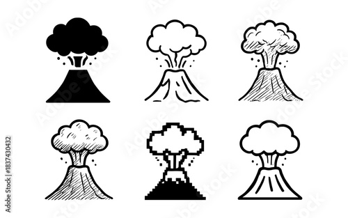 Variety of volcano eruption icons in different artistic styles