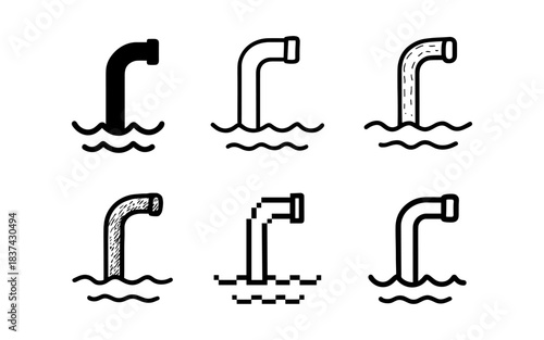 Diverse pipe designs in water: monochrome line art and pixel variants