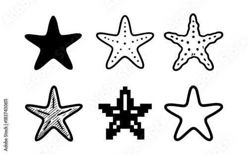 Creative starfish icons in mixed styles: silhouette, sketch, pixel, and dotted designs