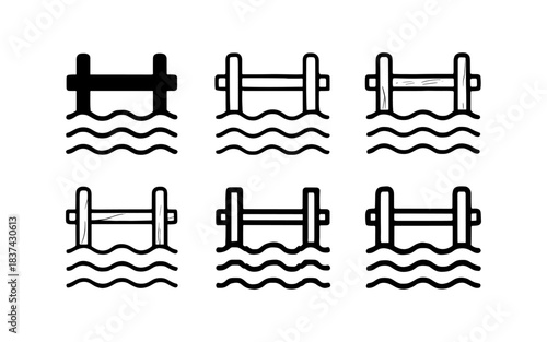 Set of minimalist bridge icon designs with wavy water elements in black and white