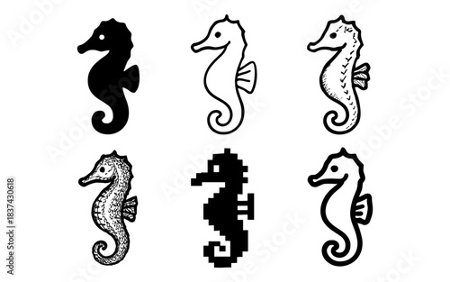 Variety of seahorse designs: silhouette, line art, pixel, and sketch styles