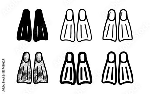 Hand-drawn swim flippers in various styles for diving and snorkeling enthusiasts