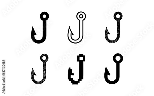 Diverse fish hook styles collection: minimalist, hand-drawn, pixel art, and more