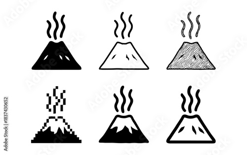 Volcano icons in various artistic styles including sketch and pixel